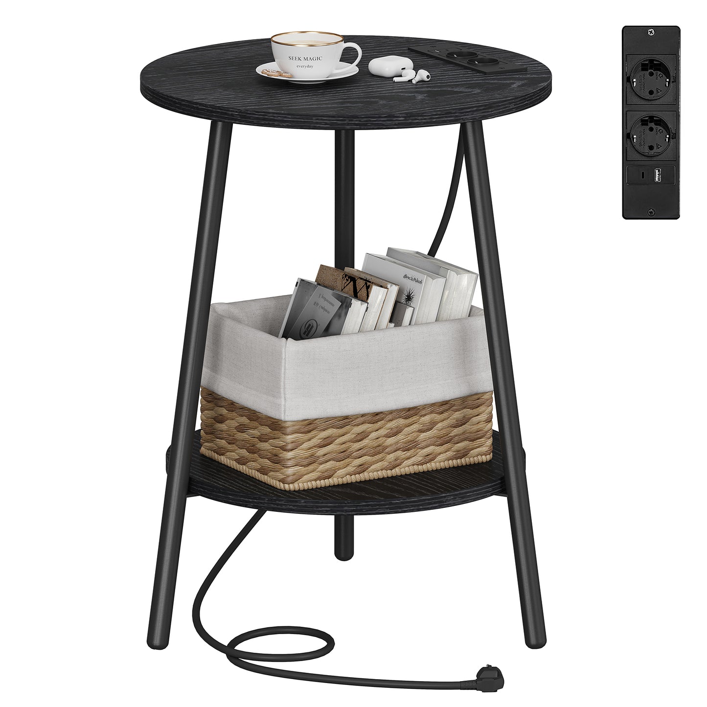 Moderne Ronde Bijzettafel met Oplaadstation & USB-Poorten – Nachtkastje met Opbergbak voor Woonkamer & Slaapkamer
