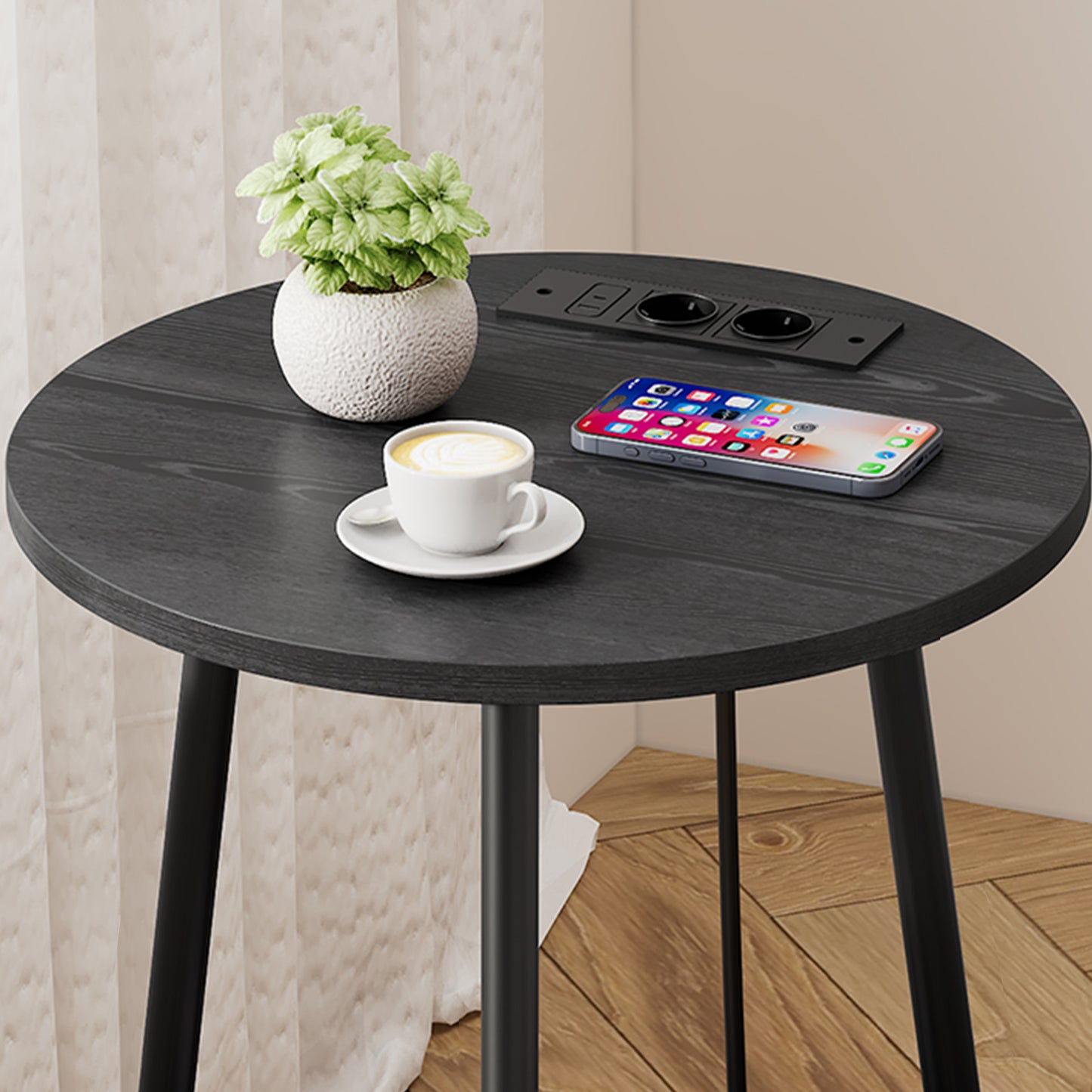 Moderne Ronde Bijzettafel met Oplaadstation & USB-Poorten – Nachtkastje met Opbergbak voor Woonkamer & Slaapkamer