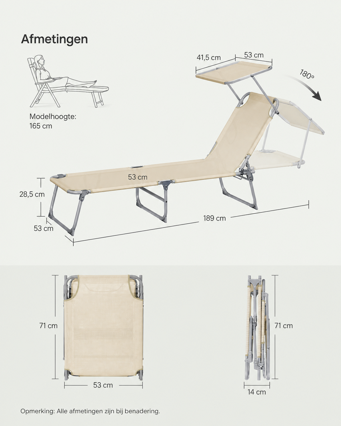 Signature Home Opvouwbare Ligstoel 189 x 53 x 28,5 cm met Verstelbare Rugleuning en Zonnedak – Comfortabele Tuin Ligbed voor Buiten