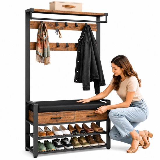 Signature Home Kapstok met Schoenenrek en Bankje - Halgarderobe met Zitkussen - Schoenenkast 4 Niveaus - 9 Haken - Garderoberek voor Hal en Slaapkamer - Industrieel Vintage Bruin/Zwart