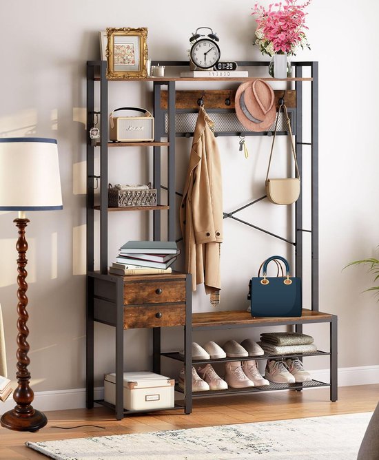 Signature Home kapstok met schoenenbank – garderoberek met 16 haken – kledingrek – halmeubel met lades van non-woven stof – garderobe met bank – voor woonkamer en hal – bruin – zwart – 40 × 106 × 180 cm