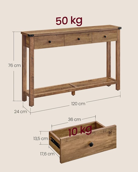 Signature Home Sidetable - Gangtafel - Dressoir - Console tafel - Hal/Woonkamer - Vintage - 24x120x76cm - Hout - Bruin - 3 Lades