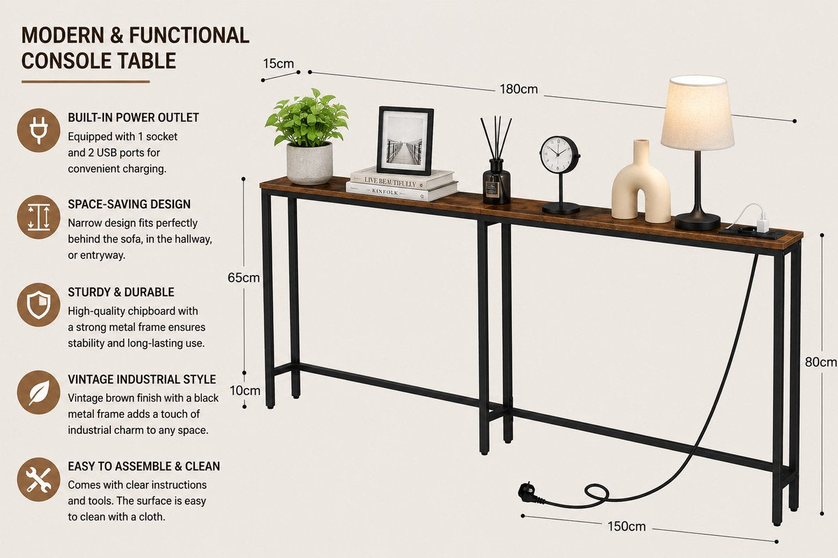 Signature Home Consoletafel met Stopcontact 180 cm - Smalle Sidetable met Oplaadstation - Console tafel - Haltafel Achter Bank - bijzettafel met USB Oplaadpunten - Vintage Bruin/Zwart