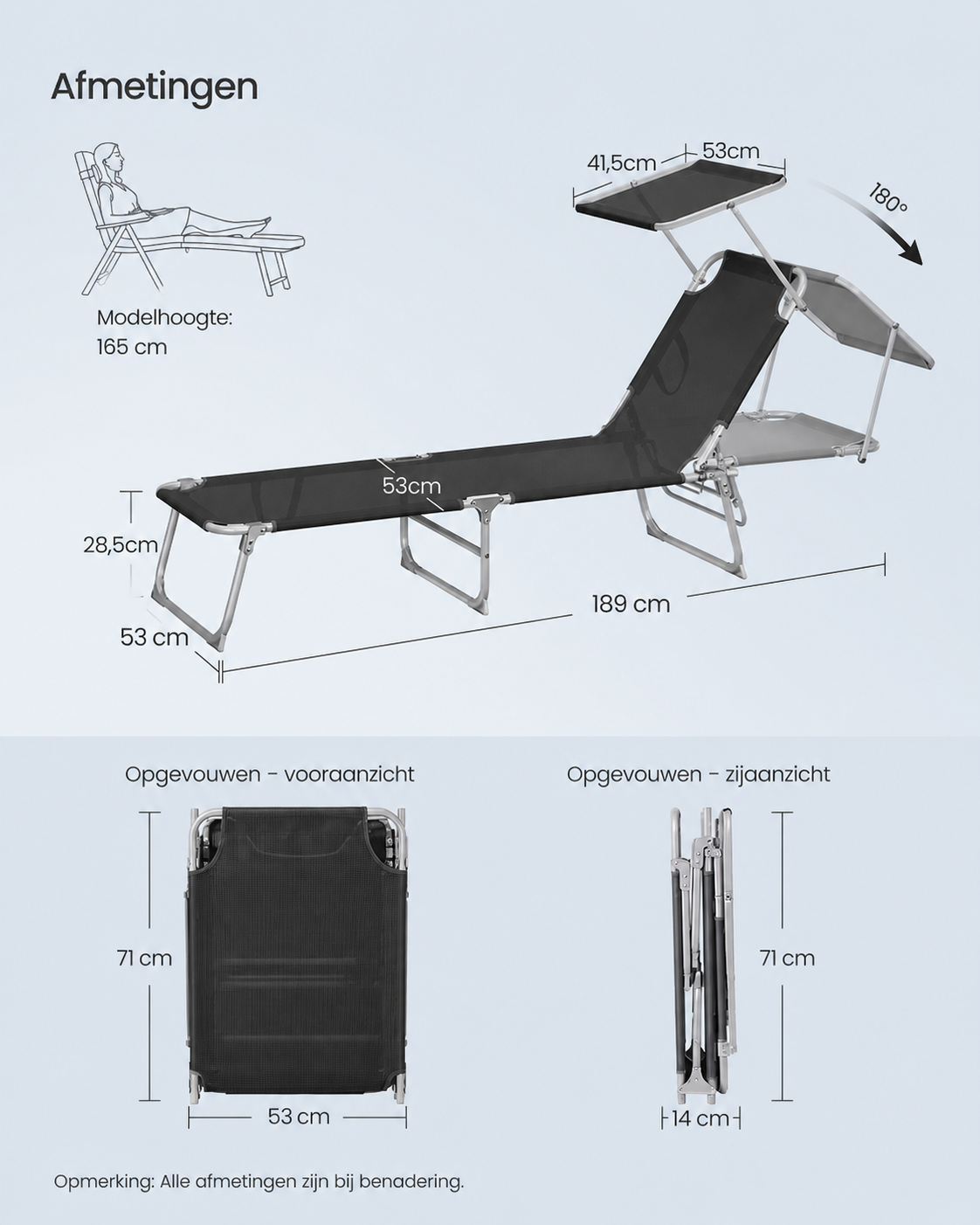 Signature Home Opvouwbaar Zonneligbed 189 x 53 x 28,5 cm met Verstelbare Rugleuning en Zonnescherm – Comfortabele Ligstoel voor Tuin, Strand en Camping