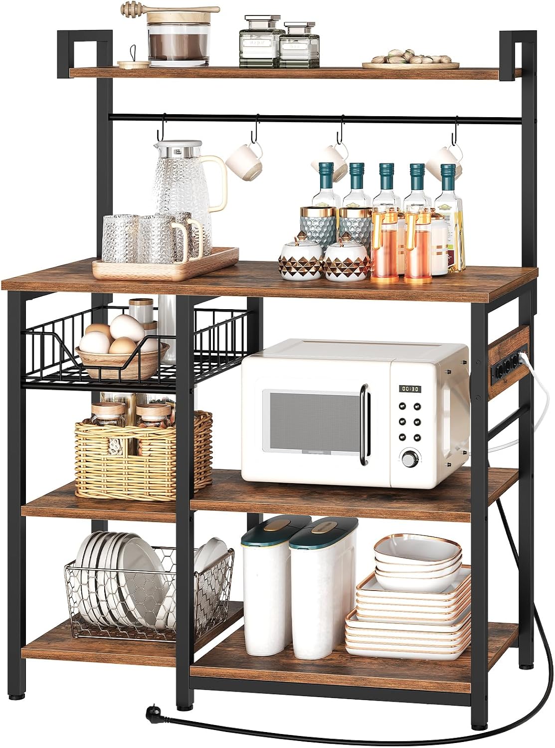 Signature Home Keukenrek met Stopcontacten – Staand Magnetronrek 40 × 90 × 132 cm – Opbergrek met Planken en 4 S-Haken – Keukenstelling voor Magnetron & Keukenapparatuur – Industrieel Vintage Bruin/Zwart