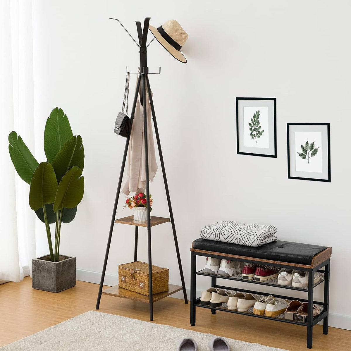 Signature Home Vrijstaande Kapstok – Kledingstandaard met 8 Kledinghaken en 2 Opbergplanken – 42 × 42 × 179 cm – Stevig Metalen Garderoberek voor Jassen, Tassen & Hoeden – Vintage Stijl
