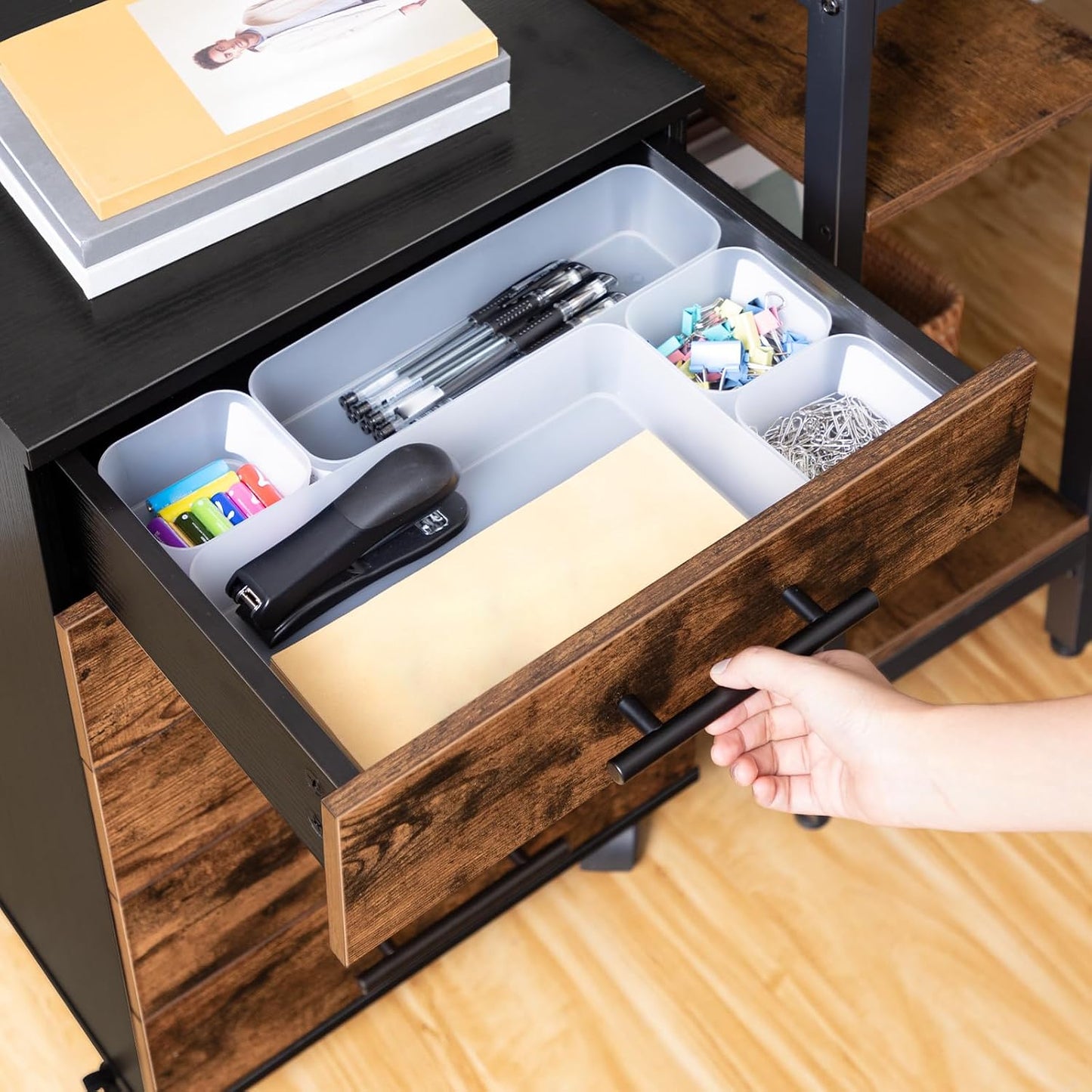 Signature Home Archiefkast met 5 Laden – Verrijdbare Rolcontainer – Houten Ladekast voor Kantoor – Opbergkast met Metalen Frame – Industriële Stijl – Eenvoudige Montage – Vintage Donkerbruin/Zwart