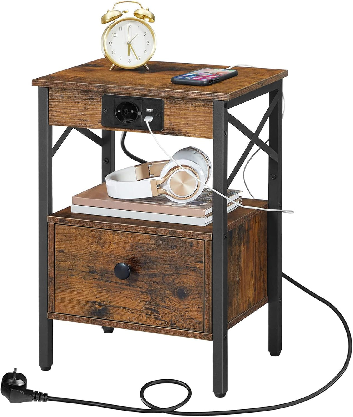 Signature Home Nachtkastje met Oplaadstation – Bijzettafel met Opklapbare Lade – USB-Poorten & Stopcontact – Bedkastje voor Slaapkamer – Industrieel Design – Vintage Bruin/Zwart