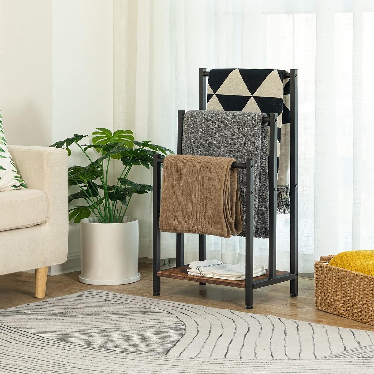 Signature Home Vrijstaand Handdoekenrek met 3 Stangen – Industriële Handdoekhouder & Handdoekladder – Ruimtebesparend Rek voor Badhanddoeken, Kleding, Dekens en Tijdschriften – Voor Badkamer