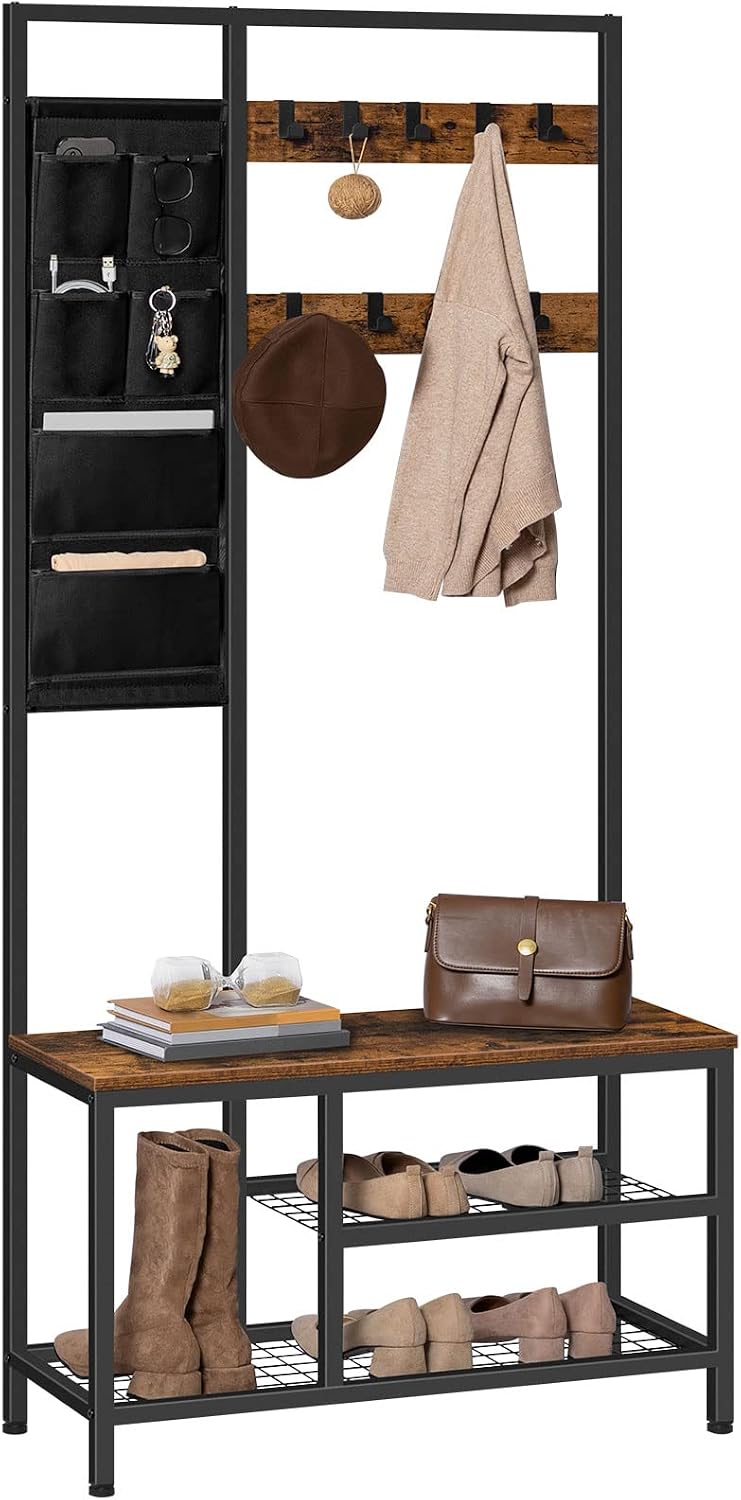 Signature Home Kapstok met Schoenenrek en Zitbank – Garderoberek met 9 Haken en 6 Opbergvakken – Schoenenbank met Opbergruimte – Staande Kapstok met Bankje – Industrieel Halmeubel voor Hal, Gang, Woonkamer en Slaapkamer – Vintage Bruin/Zwart