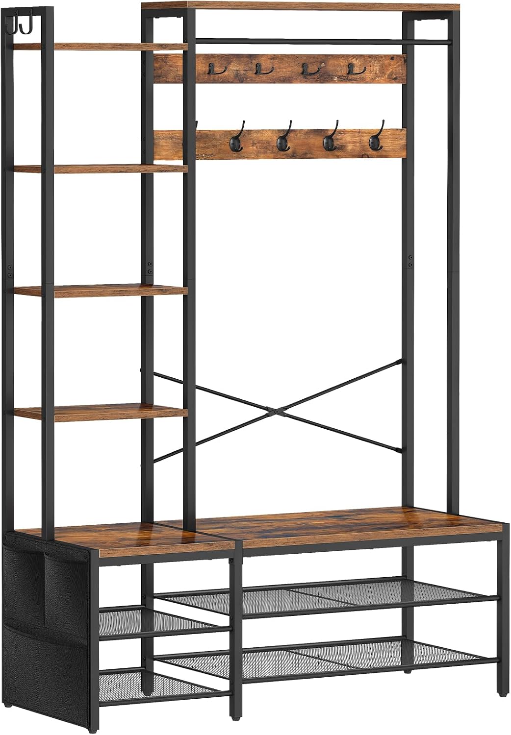 Signature Home Kapstok met schoenenrek en zitbank, 9 dubbele haken, 2 zijhaken, 5 planken en zijvak, voor hal, slaapkamer, woonkamer, zwart en vintage bruin