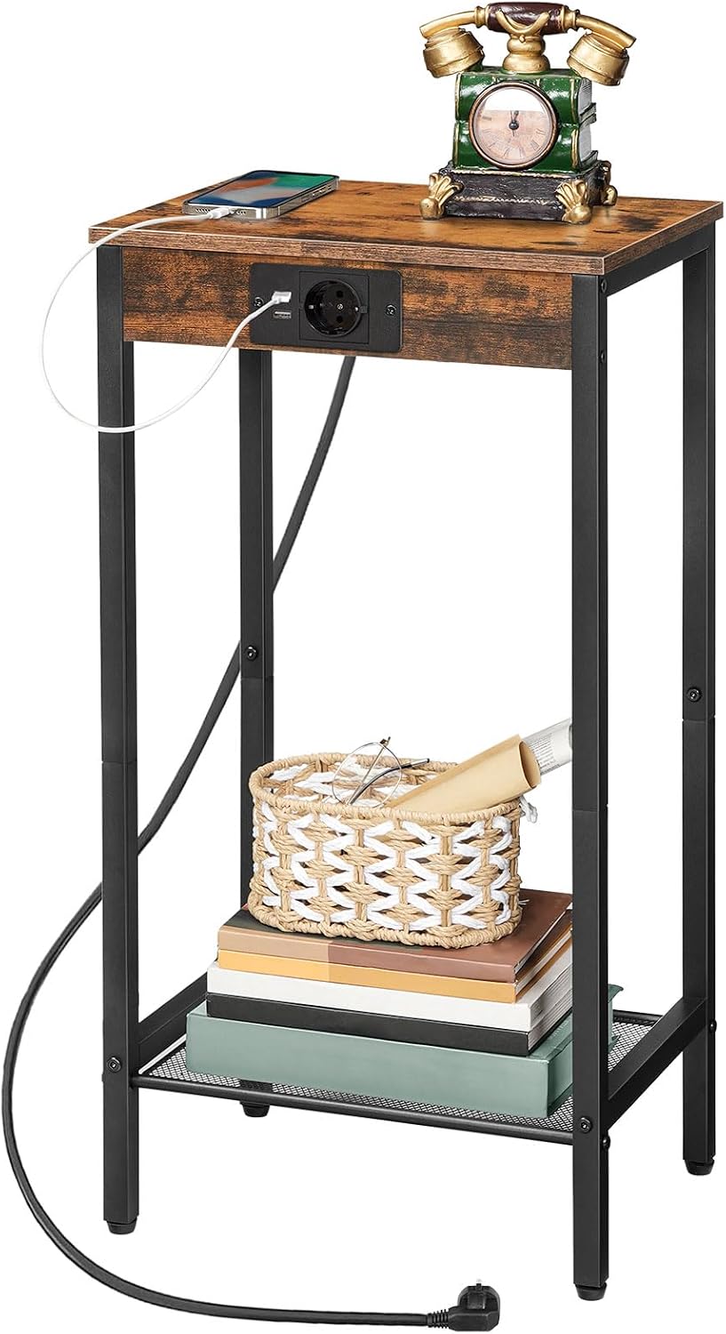 Signature Home Bijzettafel met Oplaadstation en Stopcontact – Smal Nachtkastje met Netplank – Hoge Telefoontafel voor Woonkamer en Slaapkamer – Vintage Bruin/Zwart