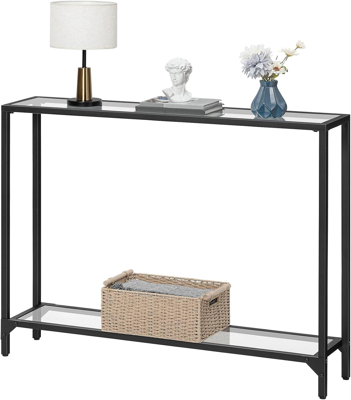Signature Home Consoletafel met Planken – 100 cm Sidetable met Gehard Glazen Tafelblad – Smalle Haltafel & Bijzettafel – Moderne Opbergtafel voor Hal, Woonkamer en Entree
