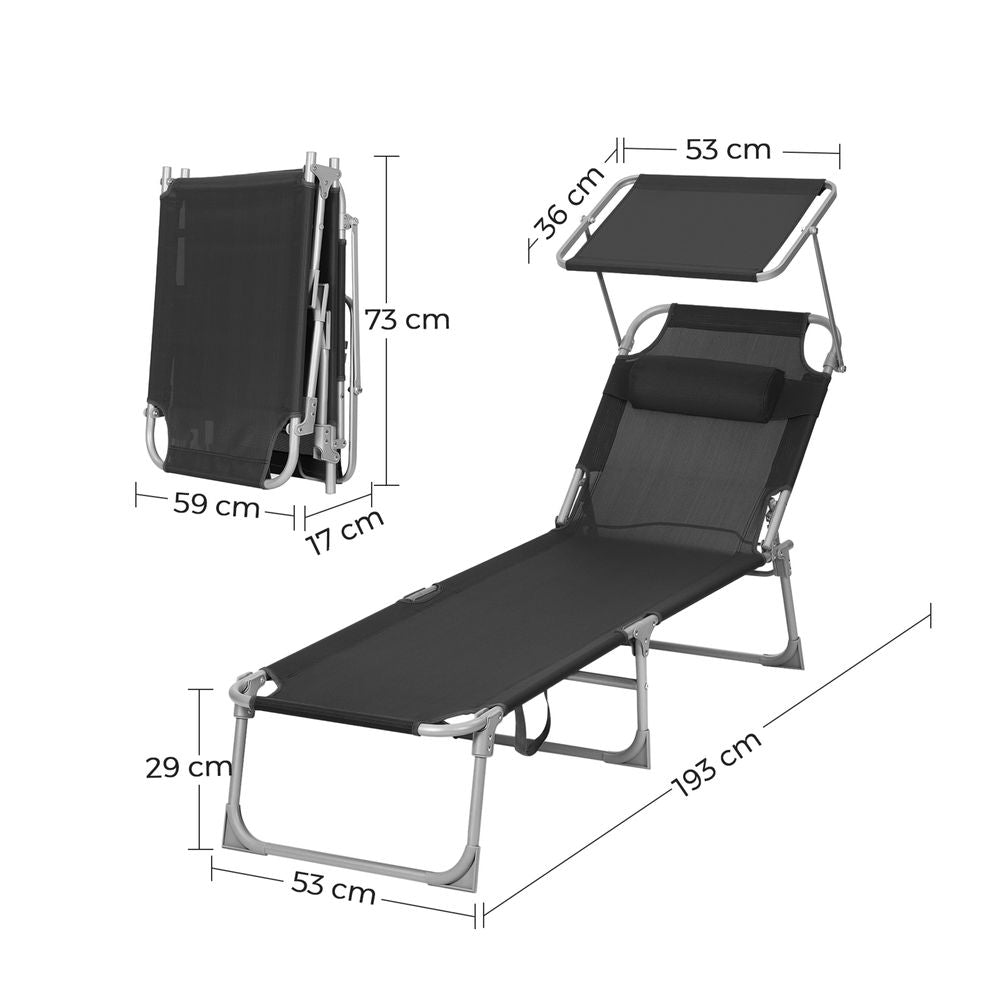 Signature Home Zonneligbed Zwart met Hoofdsteun en Zonnedak – Opvouwbare Ligstoel, Verstelbaar & Comfortabel voor Tuin, Strand en Camping