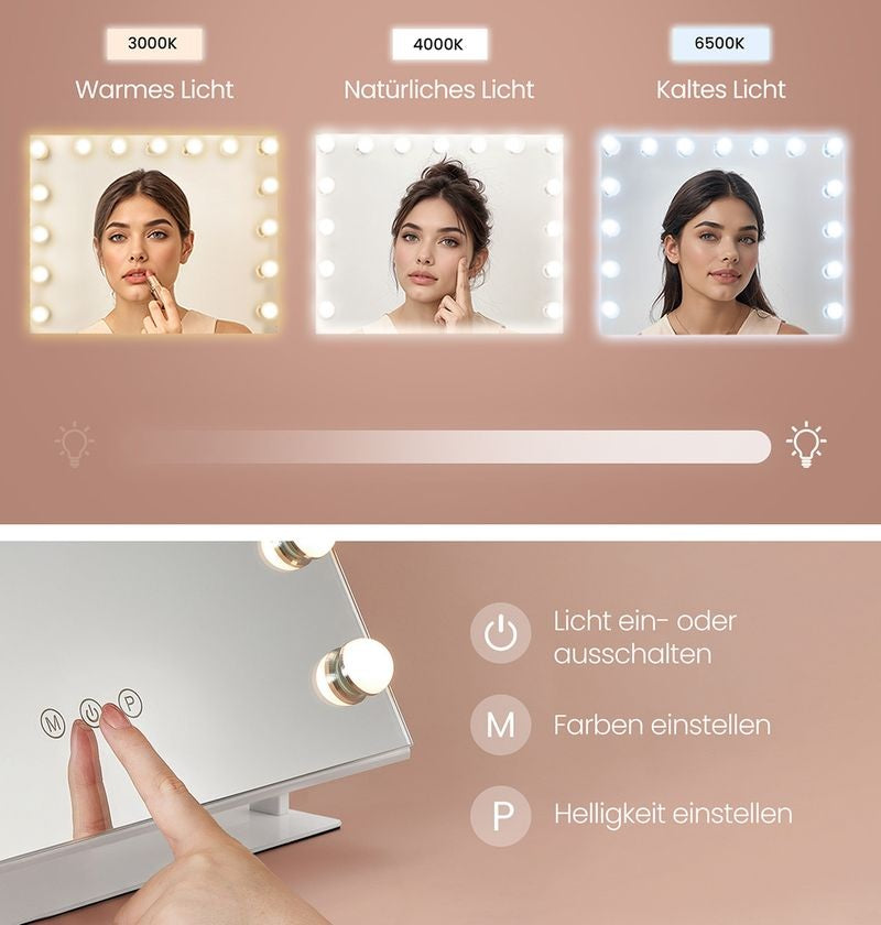 Hollywood spiegel met verlichting - make up spiegel - drie lichtstanden - wit