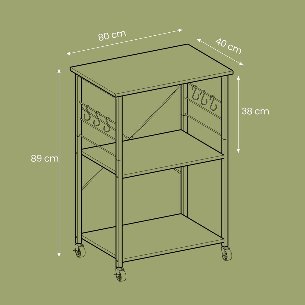 Keukenrek op Wielen met 3 Lagen – Greige Melange/Zwart – Verrijdbare Trolley voor Opslag en Organisatie