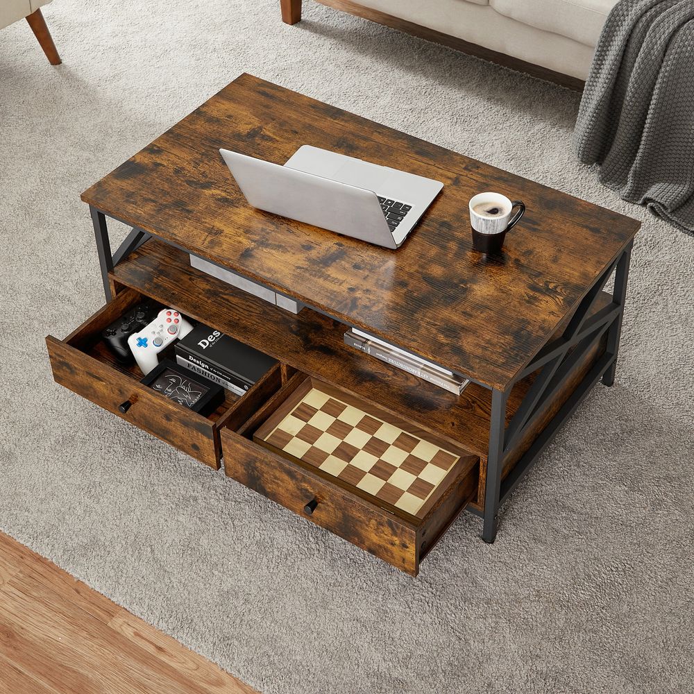 "Vintage Bruin-Zwarte Salontafel met Lade"
