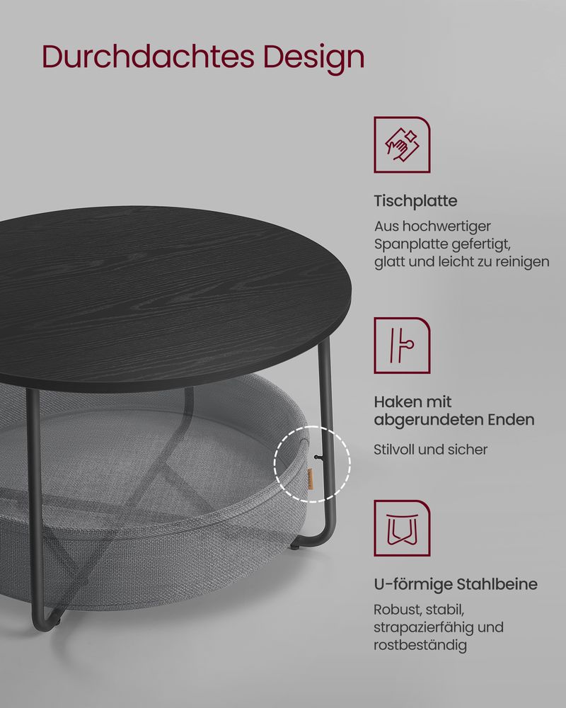 Ronde Salontafel met Stoffen Opbergruimte – Inktzwart/Leigrijs