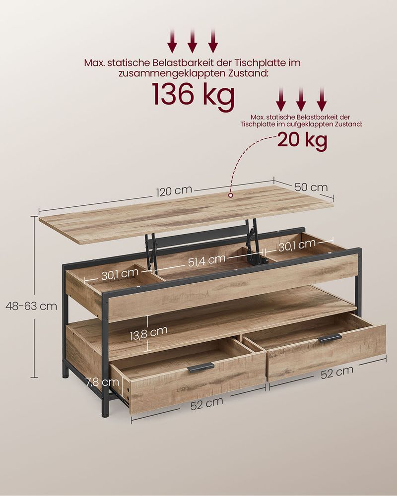 "Salontafel met Lades – 50x120 cm – Kameelbruin & Inktzwart"