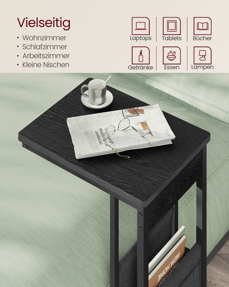 "C-vormige Bijzettafel met Opbergtas – Ebbenzwart"