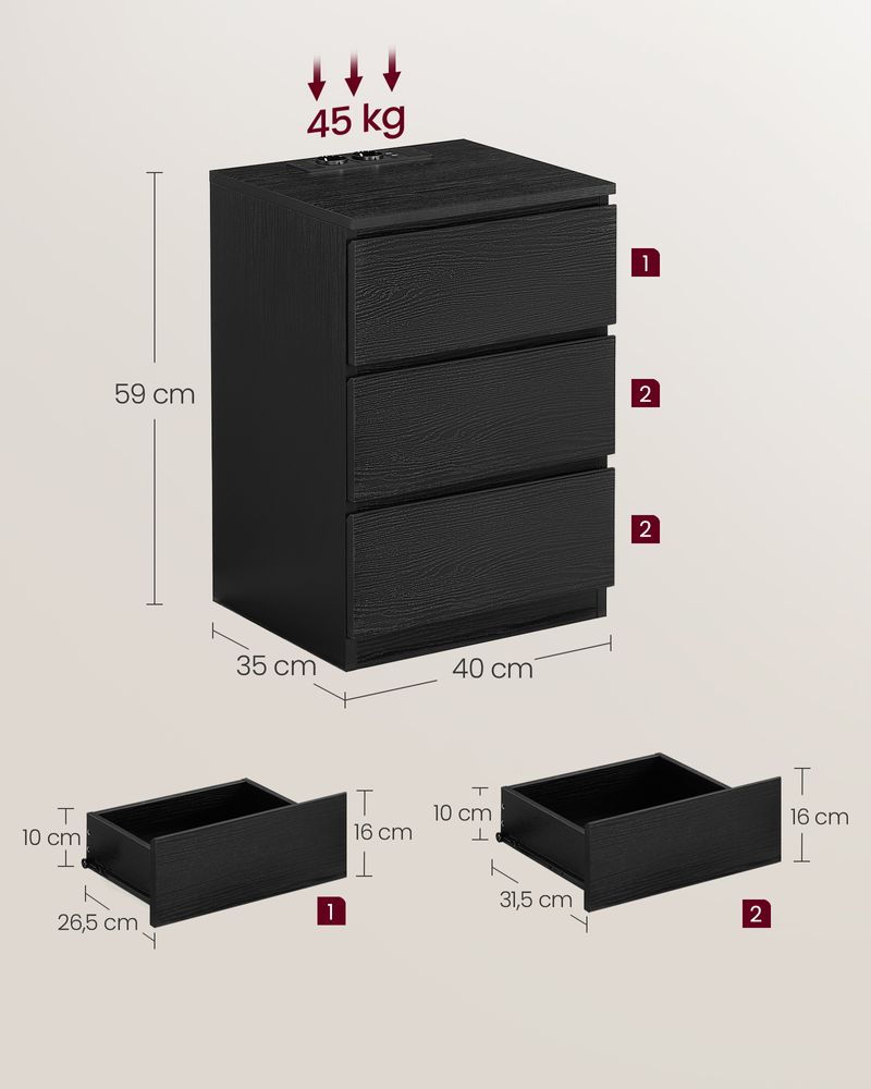 "Moderne Bijzettafel met 3 Lades – Ebbenhout Zwart"