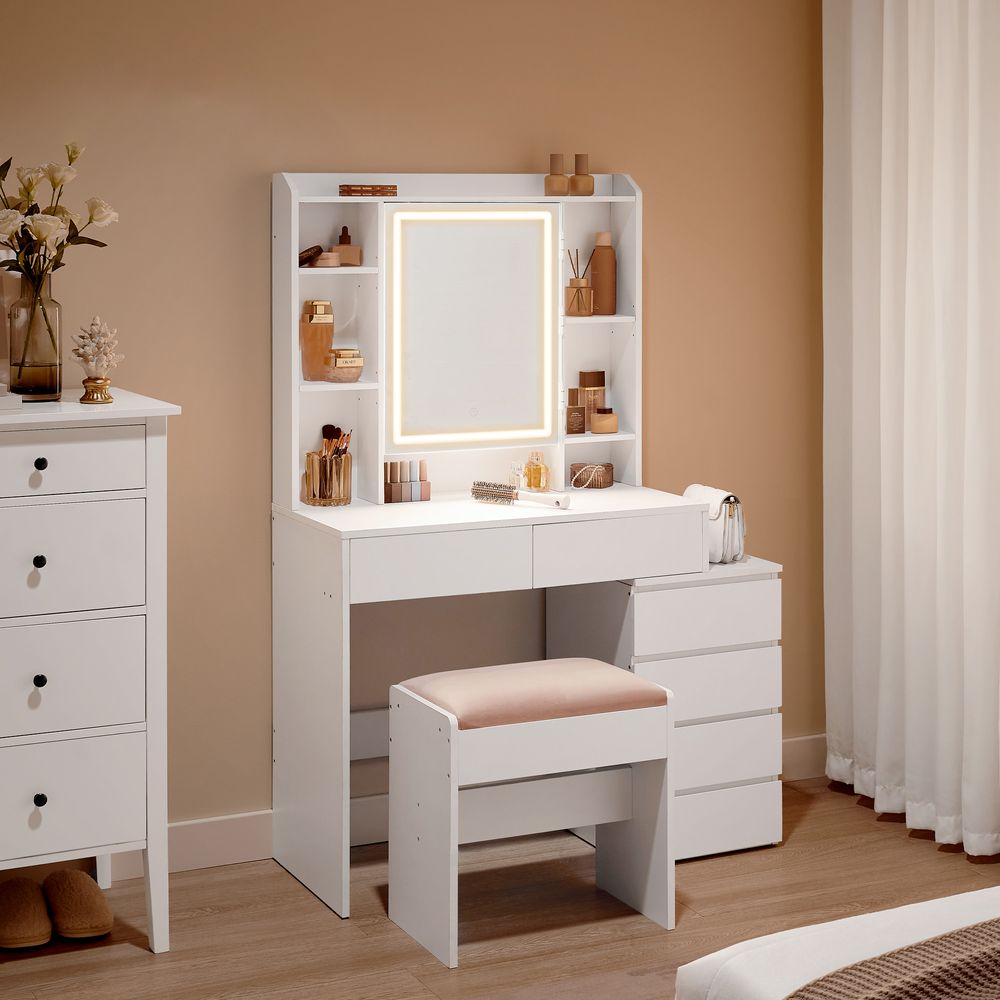 Venosa Moderne Kaptafel met LED-verlichting – Wolkenwit – Makeup Tafel met Spiegel en Lades-Opbergruimte