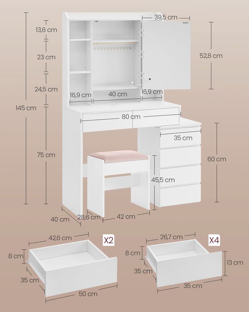 Venosa Moderne Kaptafel met LED-verlichting – Wolkenwit – Makeup Tafel met Spiegel en Lades-Opbergruimte