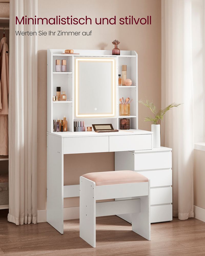 Venosa Moderne Kaptafel met LED-verlichting – Wolkenwit – Makeup Tafel met Spiegel en Lades-Opbergruimte