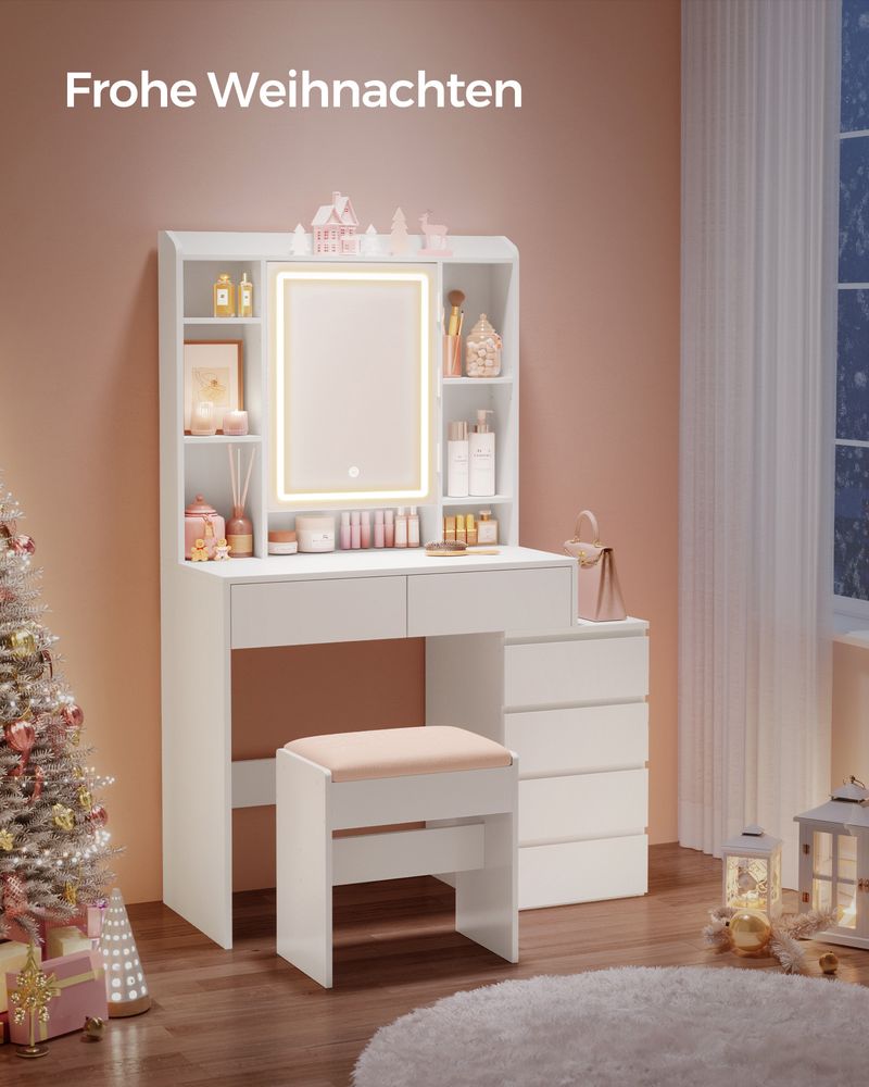 Venosa Moderne Kaptafel met LED-verlichting – Wolkenwit – Makeup Tafel met Spiegel en Lades-Opbergruimte