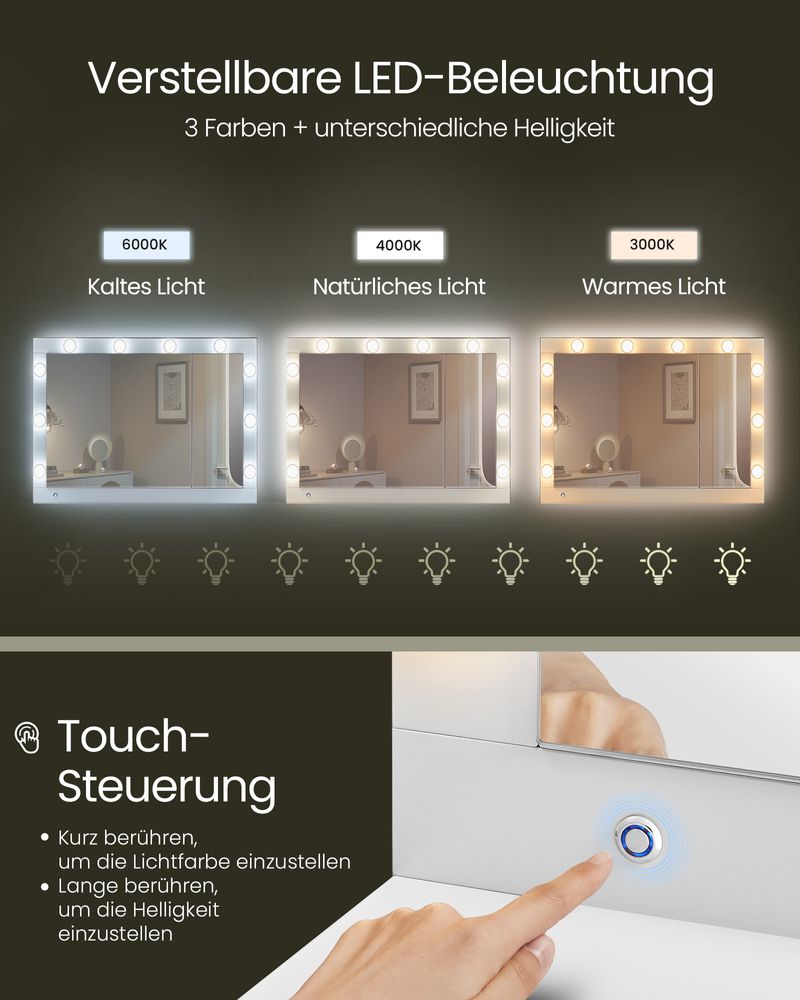 Modena Kaptafel met Spiegel en LED-Verlichting – Cloud White-Stijlvolle Kaptafel met LED-Makeup tafel