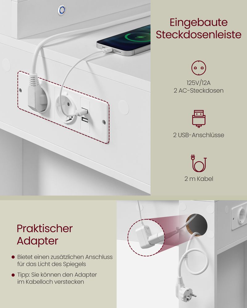 Modena Kaptafel met Spiegel en LED-Verlichting – Cloud White-Stijlvolle Kaptafel met LED-Makeup tafel