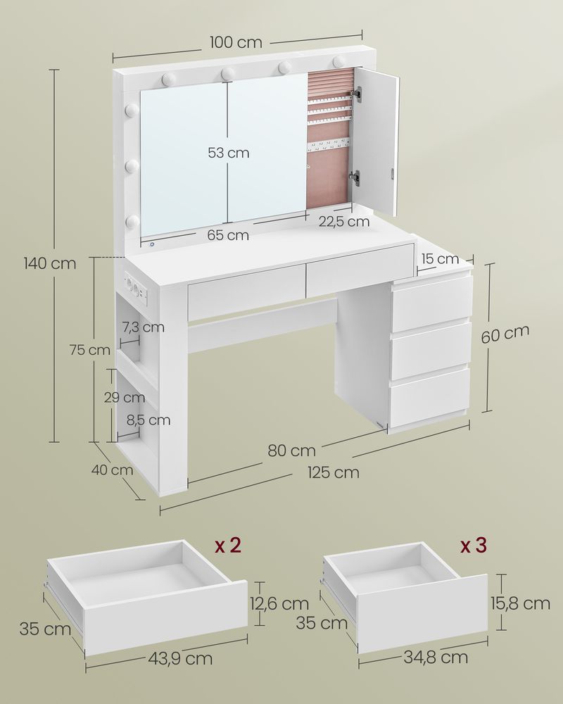 Modena Kaptafel met Spiegel en LED-Verlichting – Cloud White-Stijlvolle Kaptafel met LED-Makeup tafel