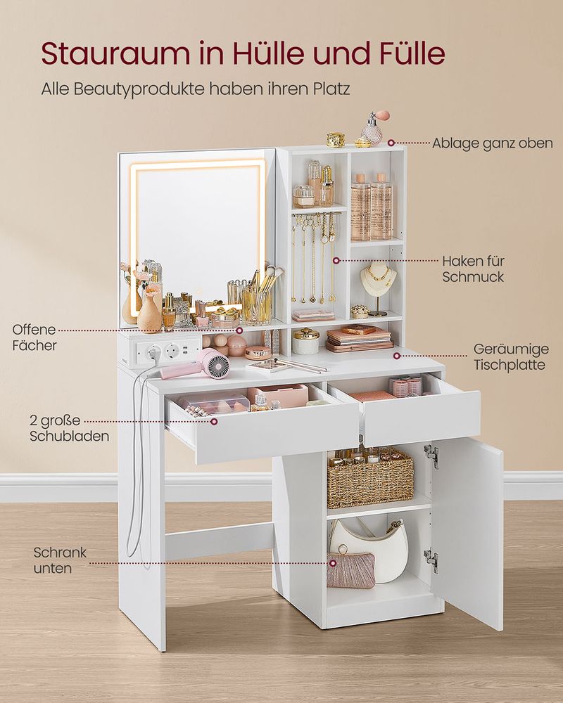 Milan Kaptafel met LED-verlichting en Spiegel – 90 cm Breed – Make-up Tafel met Opbergruimte