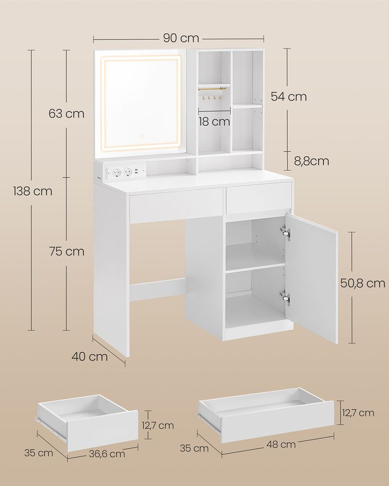 Milan Kaptafel met LED-verlichting en Spiegel – 90 cm Breed – Make-up Tafel met Opbergruimte