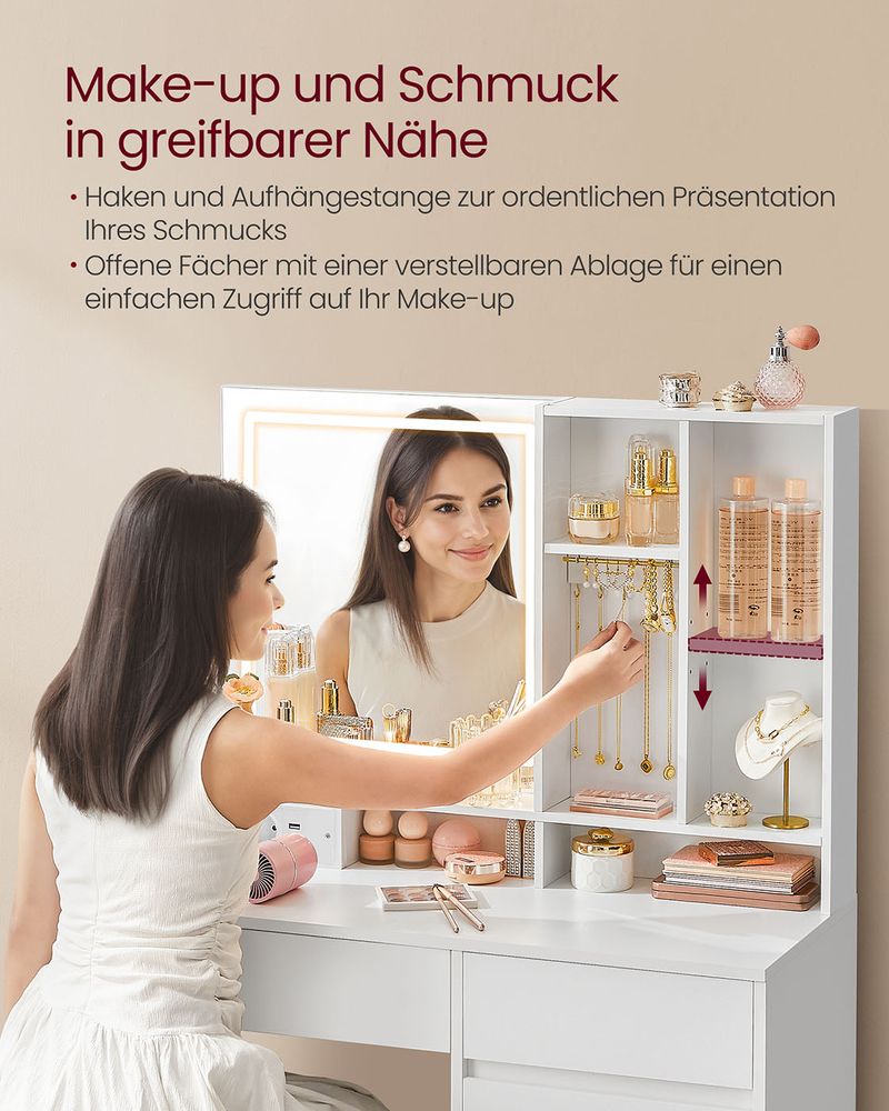 Milan Kaptafel met LED-verlichting en Spiegel – 90 cm Breed – Make-up Tafel met Opbergruimte