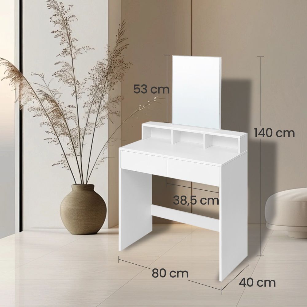 Latina Makeup tafel met Grote Spiegel en Twee Lades – Kaptafel voor Slaapkamer of Beautyhoek