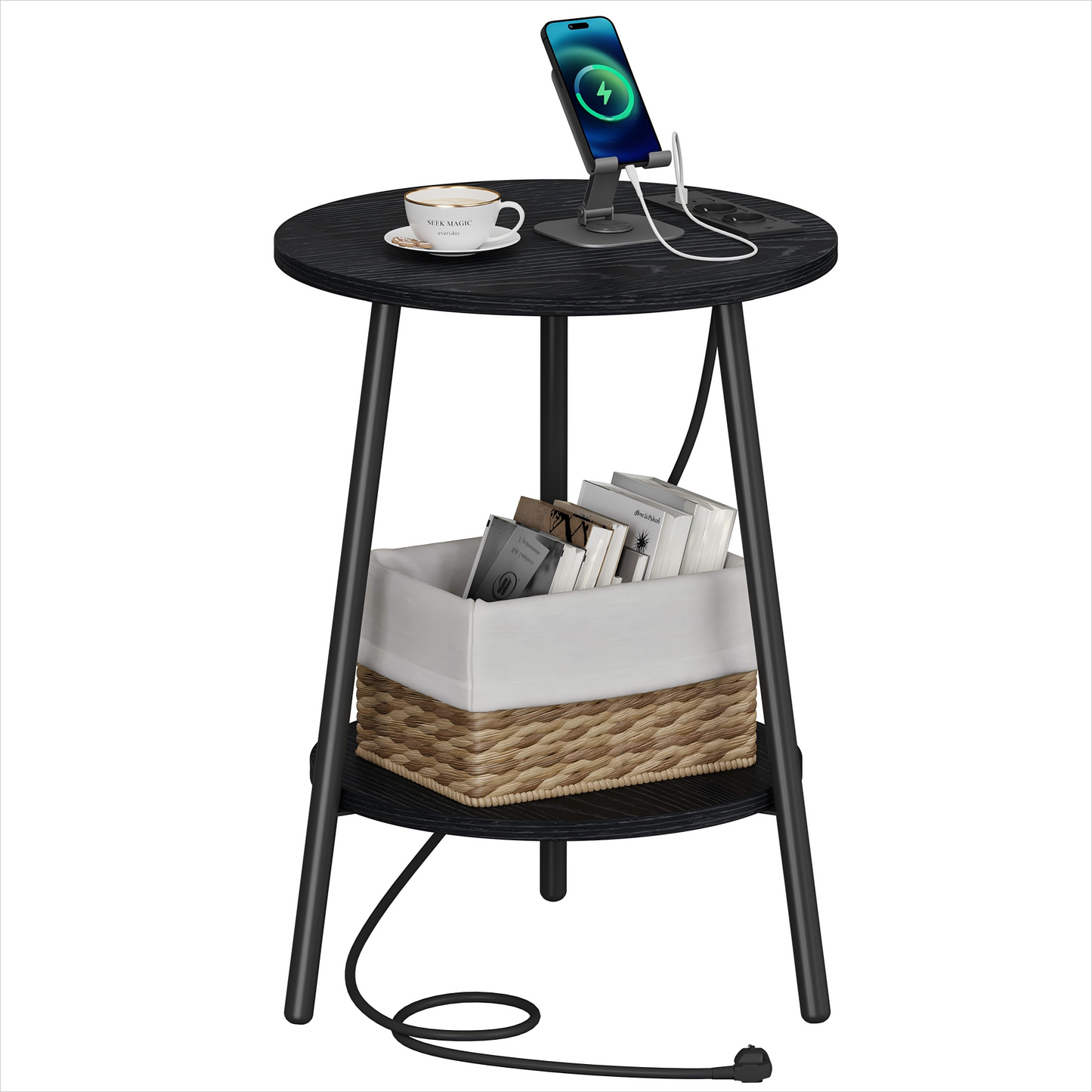 Moderne Ronde Bijzettafel met Oplaadstation & USB-Poorten – Nachtkastje met Opbergbak voor Woonkamer & Slaapkamer