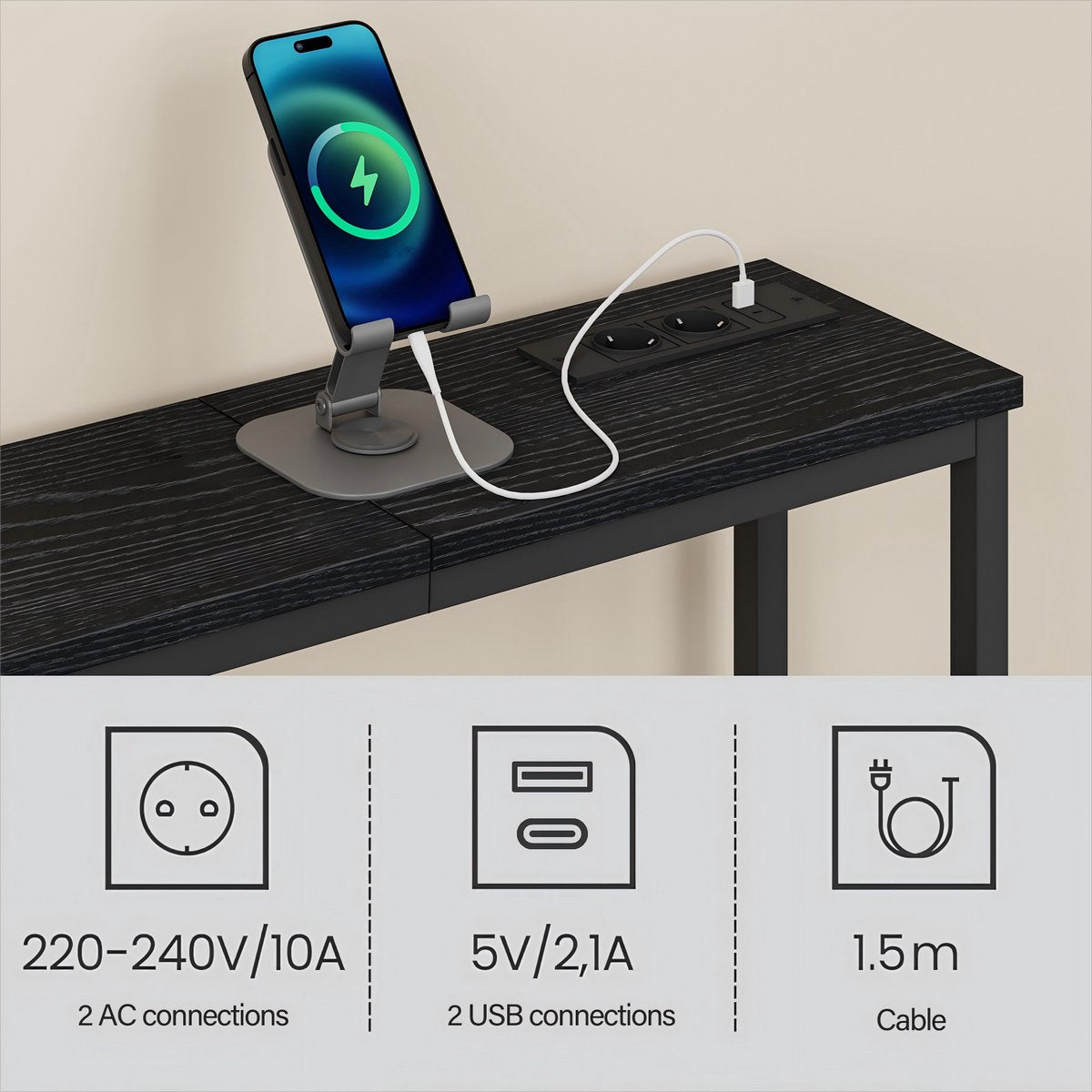Milly Consoletafel - Console tafel - Smalle Bijzettafel met laadstation