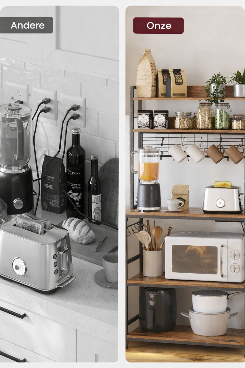 Vintage Keuken Wandplank met Stopcontacten & Rasterpaneel – Bruin-Zwart Industrieel Design|Multifunctionele Keukenplank met Stopcontacten & Metalen Grid