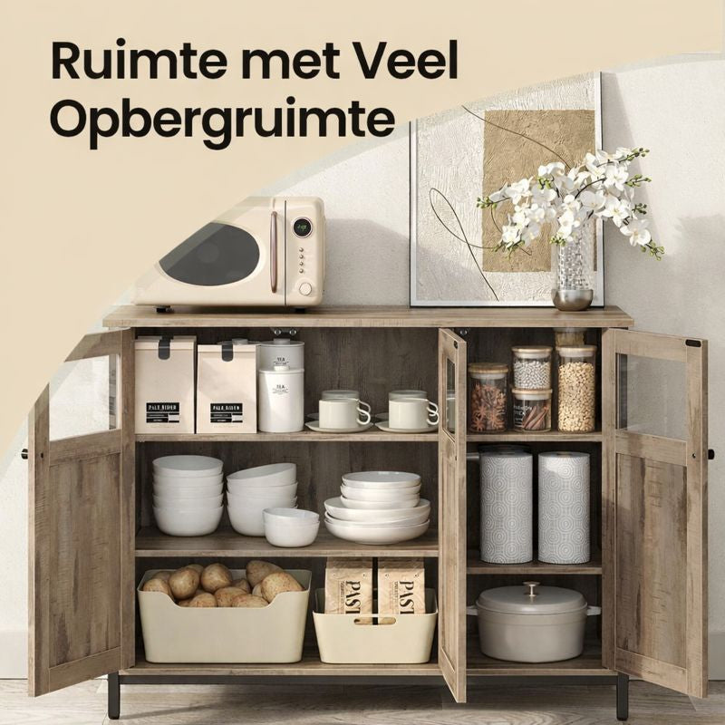 Sideboard met Glazen Deuren in Camelbruin en Inktzwart – Moderne Opbergkast voor Woonkamer en Eetkamer