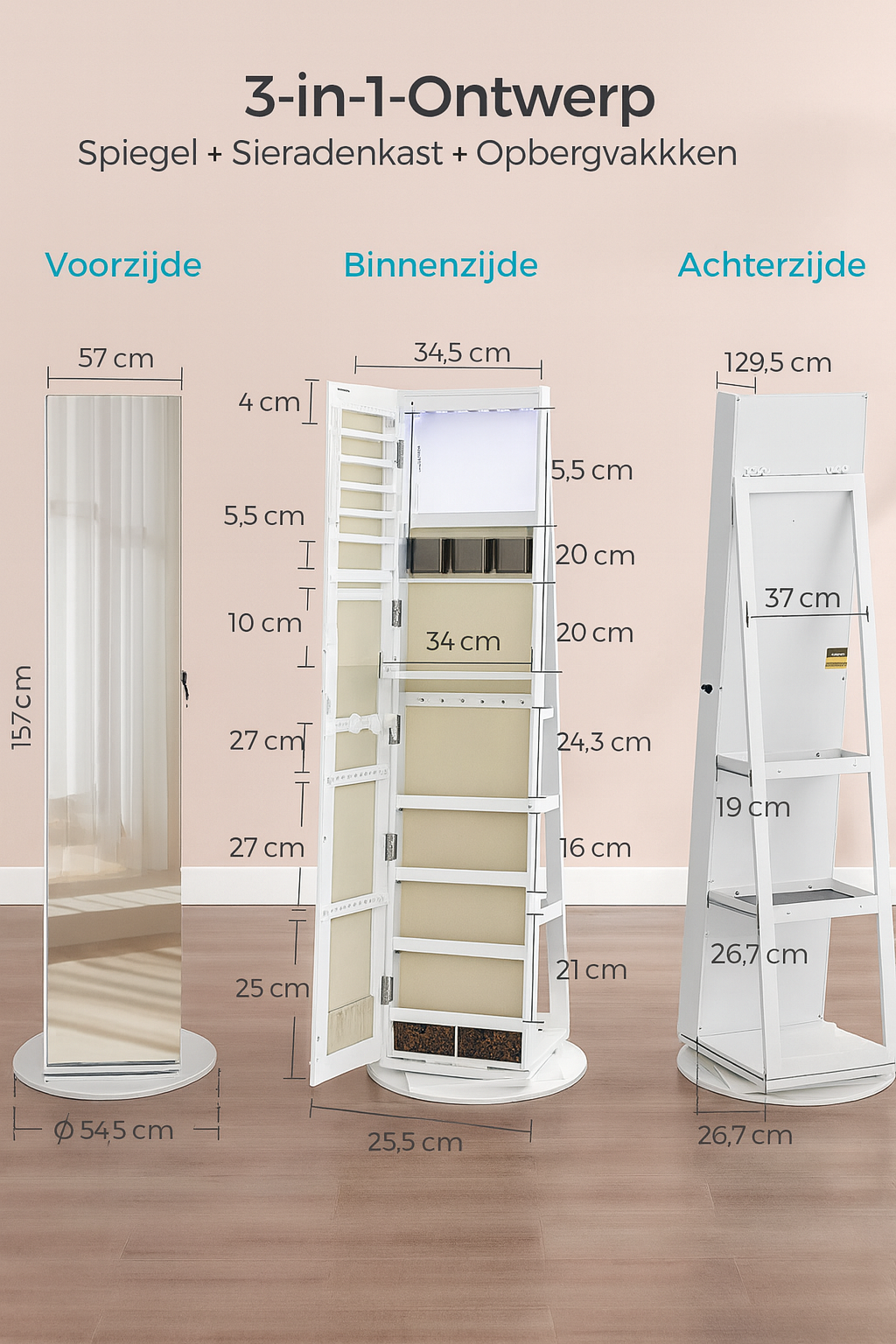 Barnet Moderne Sieradenkast met Volledige Frameloze Spiegel – Ruimtebesparende Organizer