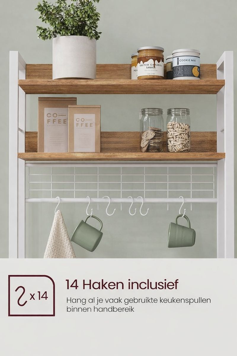 Keuken Opbergrek Vrijstaand met Stopcontact & 14 Haken – Walnootbruin Werkblad, Wit Frame