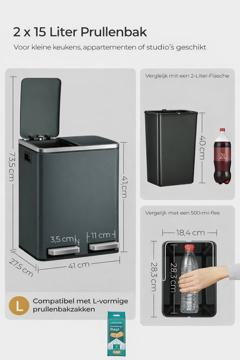 Signature Home Prullenbak Metaal 30 Liter – Duurzame Afvalbak voor Keuken en Kantoor