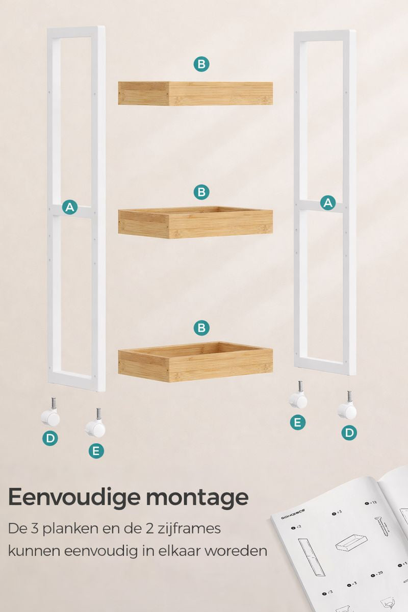 3-Laags Badkamerrek – Smal Ruimtebesparend Opbergrek in Wit/Natuurlijk voor Kleine Badkamers
