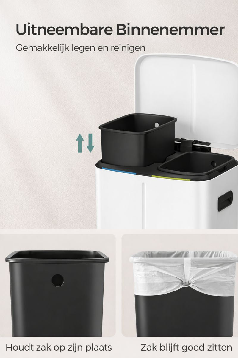 Signature Home Prullenbak 40 Liter (2 x 20L) – Witte 2-Vaks Afvalscheidingsprullenbak met Softclose