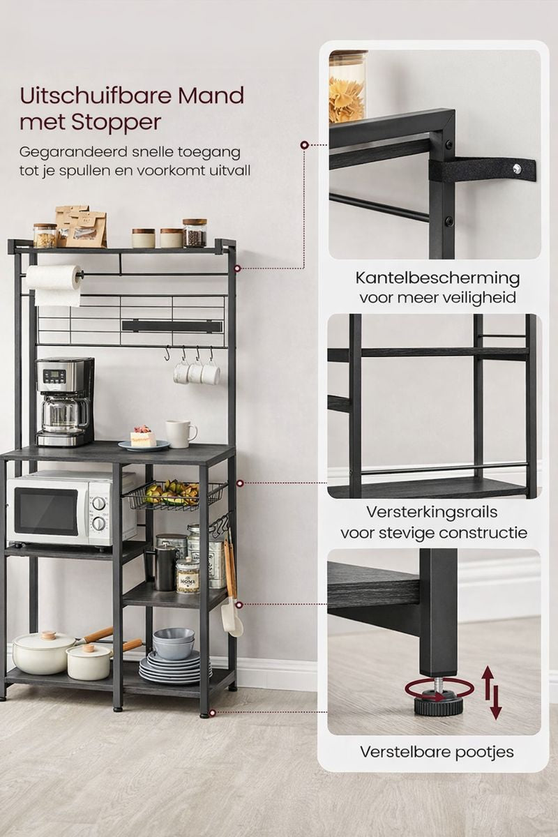 Keuken Wandplank met Magnetische Messenstrip & 12 Haken – Ebbenhout-Zwart Industrieel|Multifunctionele Keukenplank