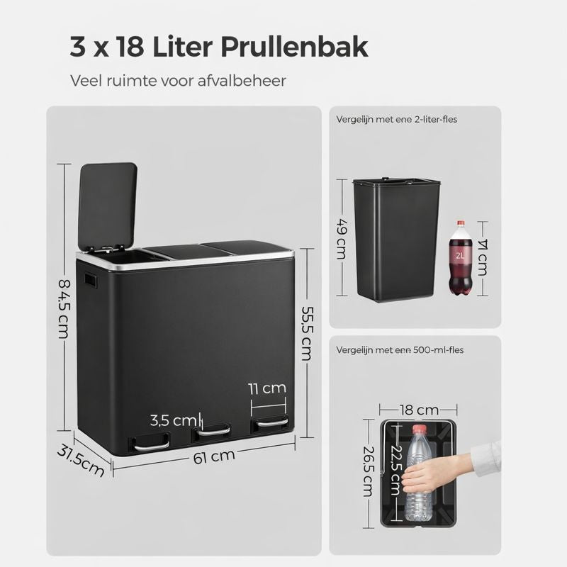 Signature Home Prullenbak met 3 Compartimenten – Afvalbak voor Afvalscheiding – 3-Vaks Vuilnisbak voor Keuken, Kantoor of Thuis – Recycling Prullenbak