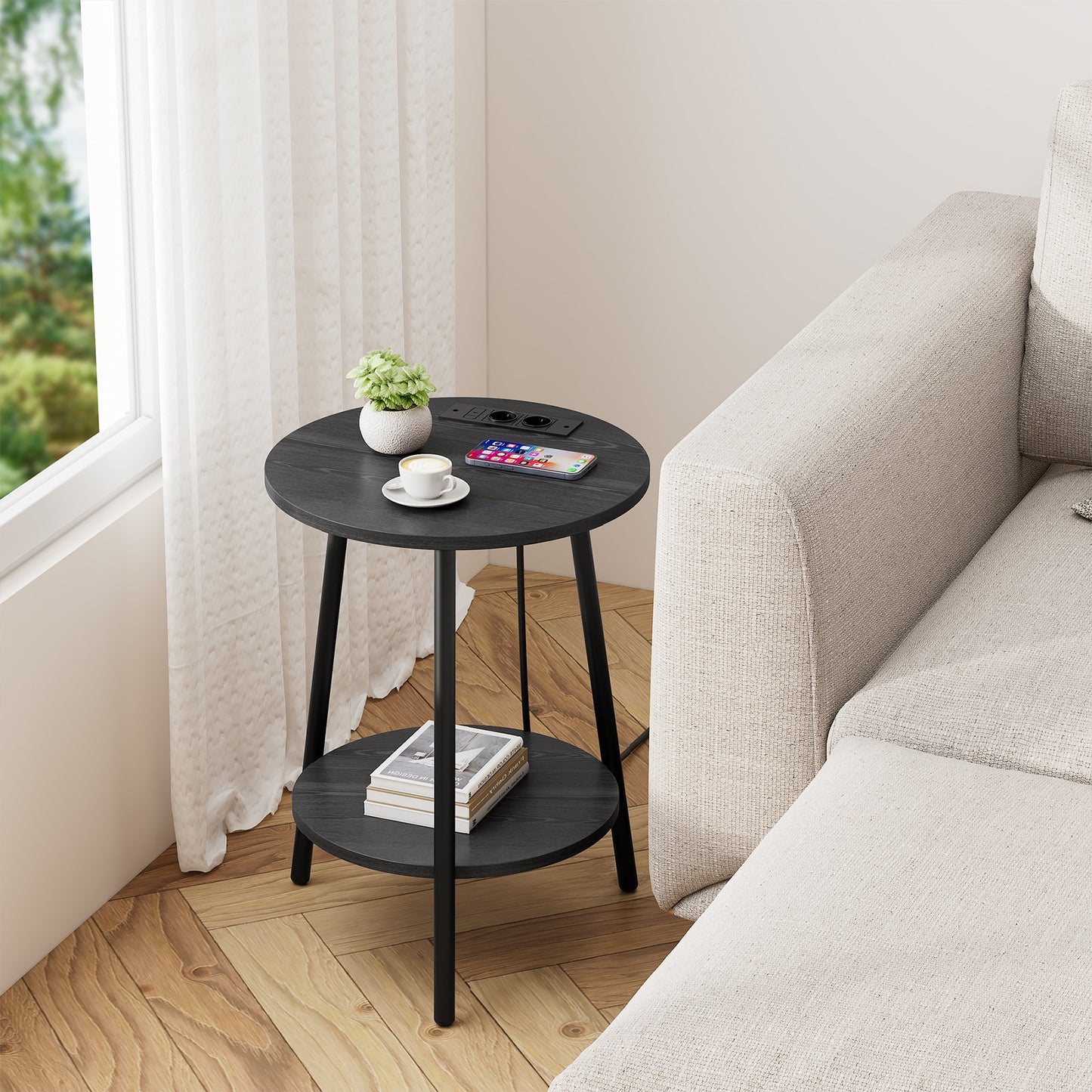 Moderne Ronde Bijzettafel met Oplaadstation & USB-Poorten – Nachtkastje met Opbergbak voor Woonkamer & Slaapkamer