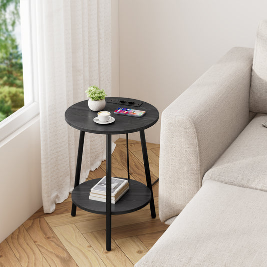 Moderne Ronde Bijzettafel met Oplaadstation & USB-Poorten – Nachtkastje met Opbergbak voor Woonkamer & Slaapkamer