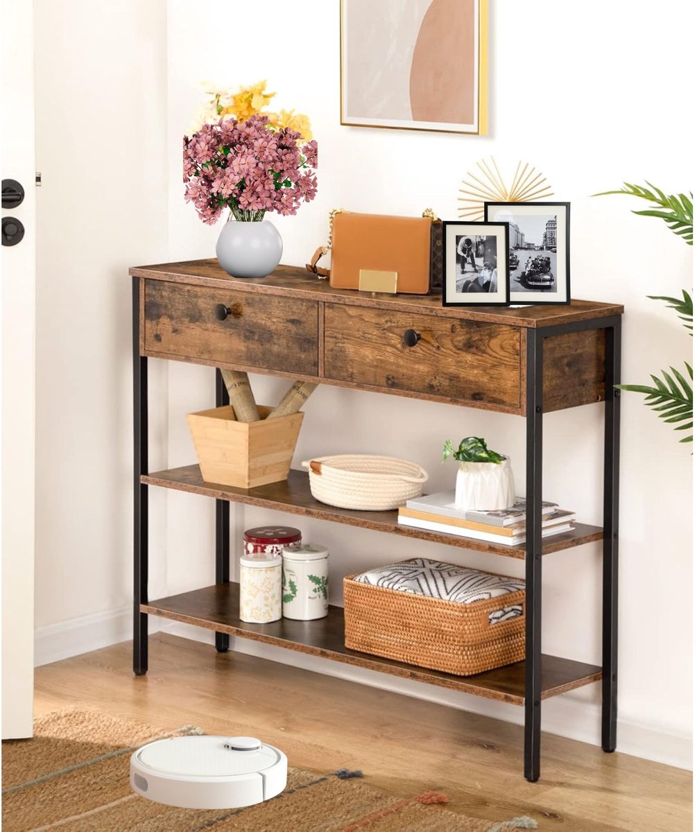 Signature Home consoletafel – haltafel met 2 lades – bijzettafel met 2 niveaus – banktafel met stevig frame – industriële stijl – rustiek bruin – 100 cm